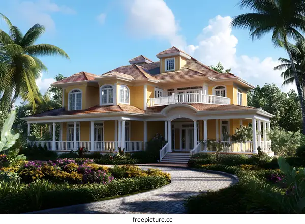 Yellow House with Palm Trees in Tropical Garden