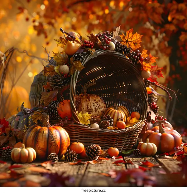 A basket full of pumpkins and gourds in the fall