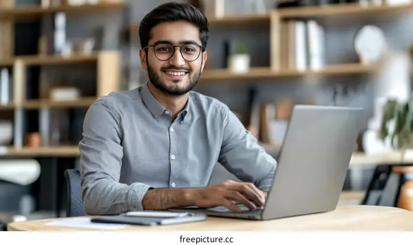 Happy Young Professional Working on Laptop
