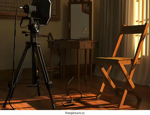Film Set With Camera Tripod And Chair