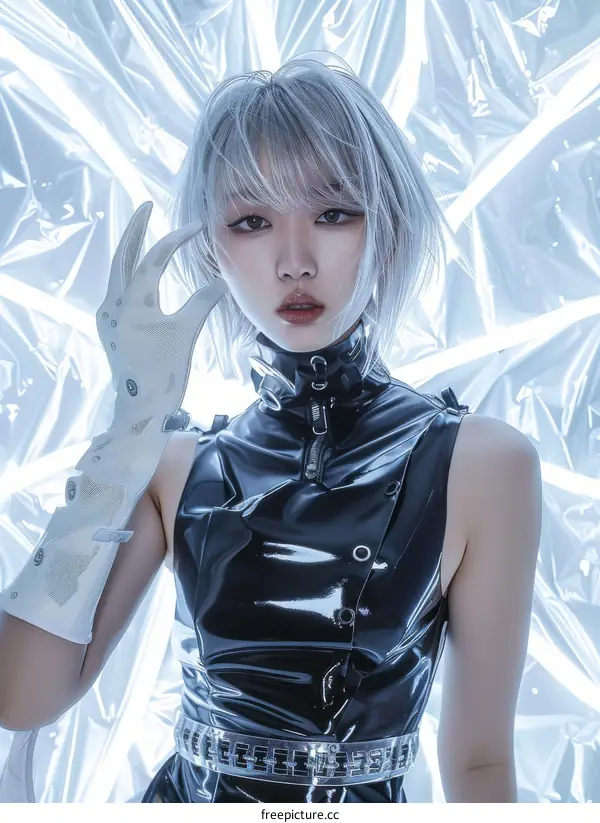 A young woman with silver hair and black latex bodysuit