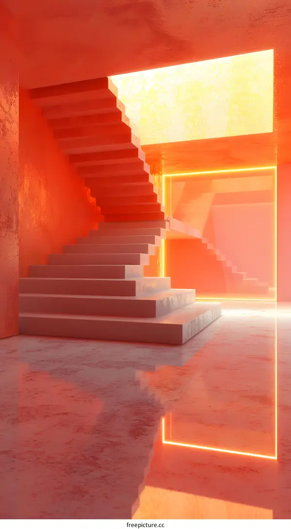 Modern interior with orange walls and staircase