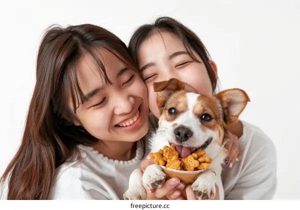 Two young Asian women with long dark hair are smiling and feeding a small dog.