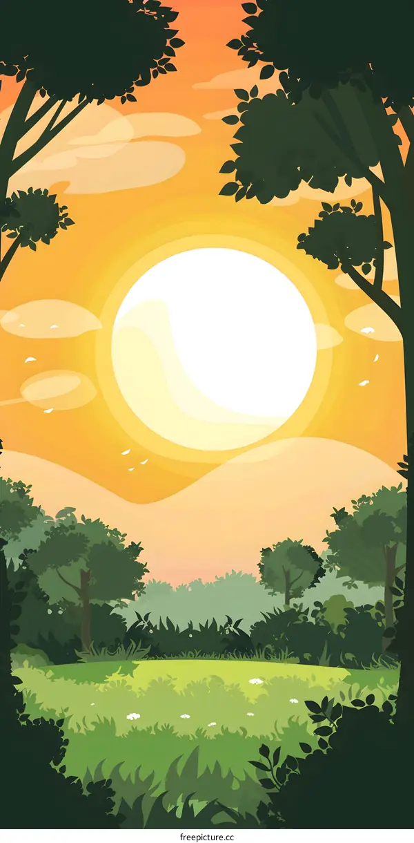 Sunset Landscape with Green Trees and Grass