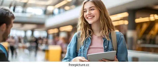 Smiling Young Woman Using Tablet in Shopping Mall