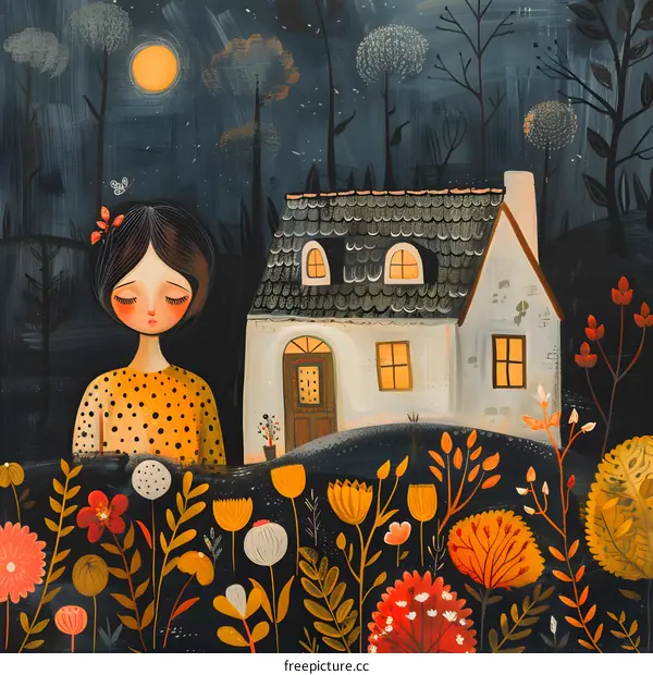 girl standing in a field of flowers with a house in the background