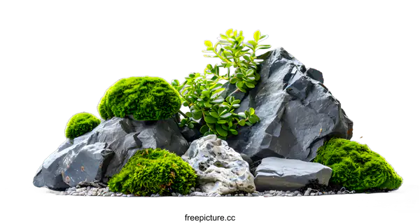 [Transparent Background PNG]Green Moss and Stones in a Miniature Zen Garden