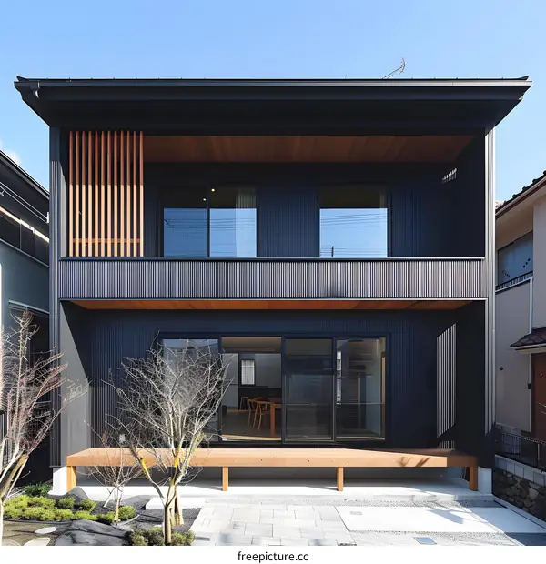Modern Japanese House with Black Siding and Wooden Accents