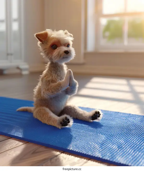 A cute dog is doing yoga on a blue mat