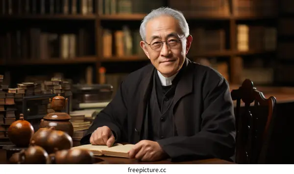 Portrait of a smiling elderly Chinese man in a black suit and glasses, sitting in a library and reading a book.