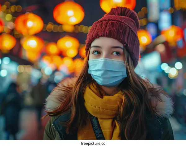A young woman wearing a mask walks through a crowded street in Asia