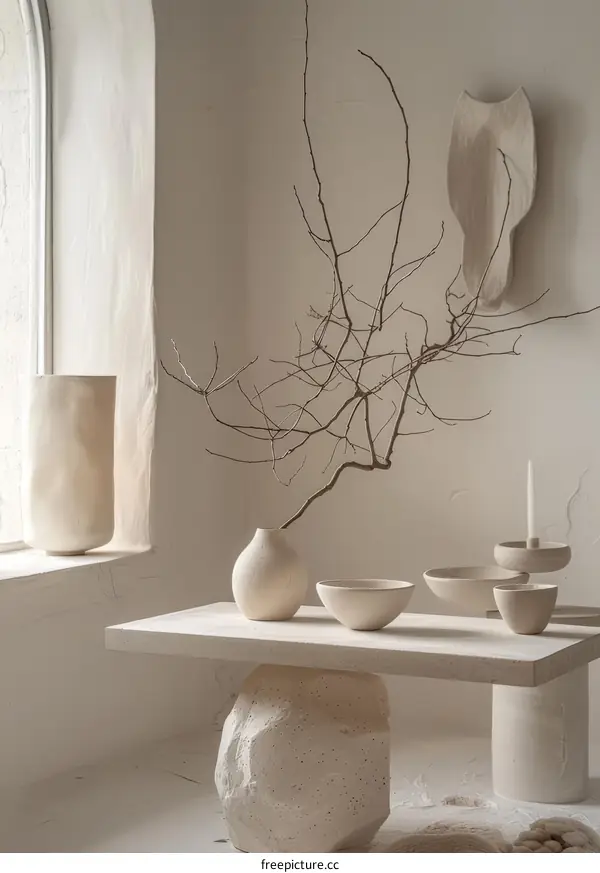 A Minimalist Display of Ceramics and a Branch