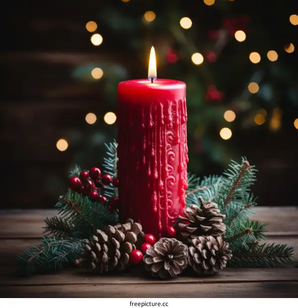 Red candle with Christmas ornaments