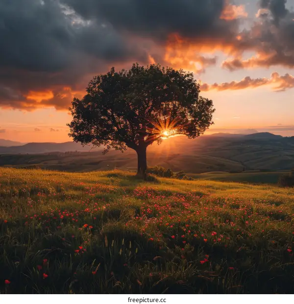 Solitude at Sunset: A Lone Tree on a Hill