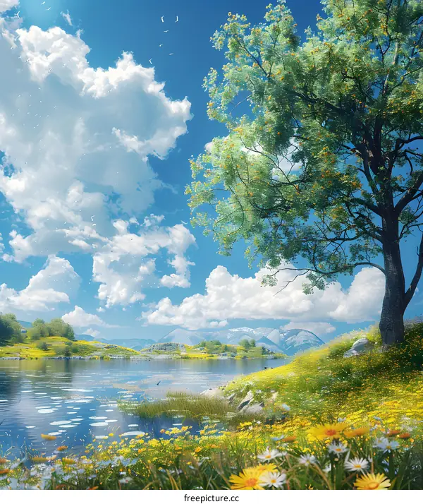 A beautiful lakeside scene with yellow flowers and a large green tree