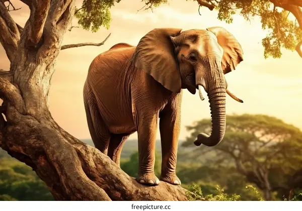 Elephant standing on a tree branch in the savanna