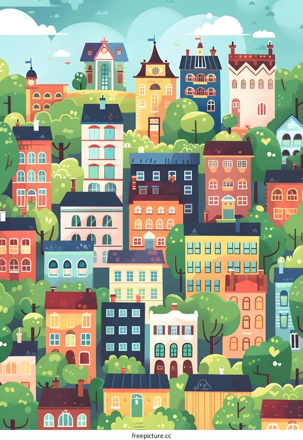 Colorful Illustration of a Cityscape with Many Buildings and Green Trees