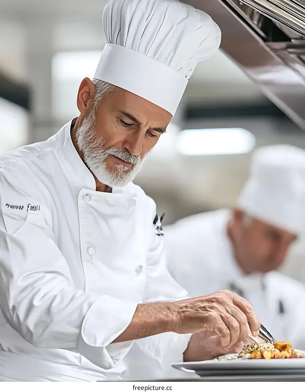 Senior Chef Concentrating on Food Preparation in a Restaurant Kitchen