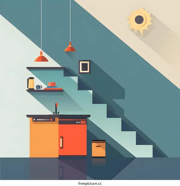 Flat Design Kitchen Interior with Stairs and Sun