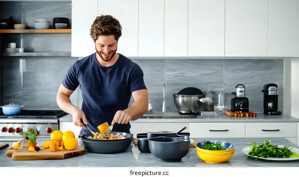 Man Cooking in Modern Kitchen With Stainless Steel Appliances