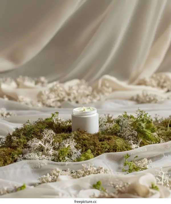 White Cream Jar on Green Moss With Beige Fabric