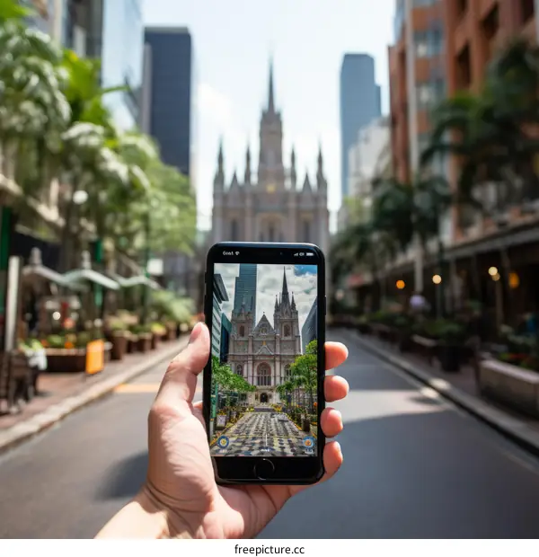 A person holding a phone in front of a cathedral