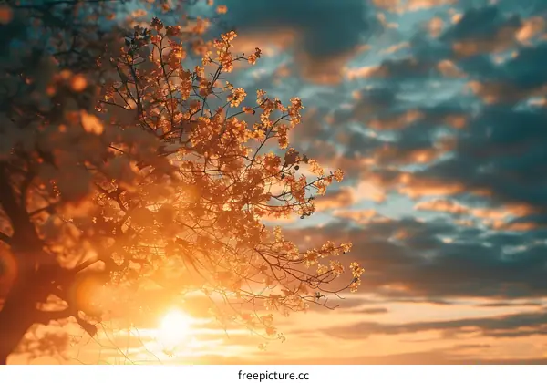 Sunset View Through Blooming Tree Branches