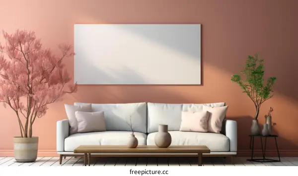 A sofa in front of a blank picture frame with a pink tree and a green plant next to it