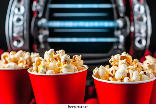 Popcorn in Red Cups in Front of a Movie Projector