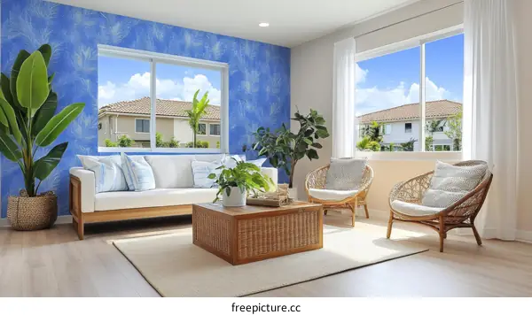 Modern Living Room with Blue Wallpaper and Natural Elements