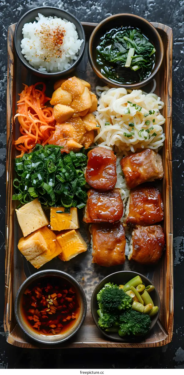 A delicious and healthy meal with rice, vegetables, and protein