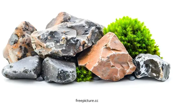 Closeup of Stones and Moss on White Background