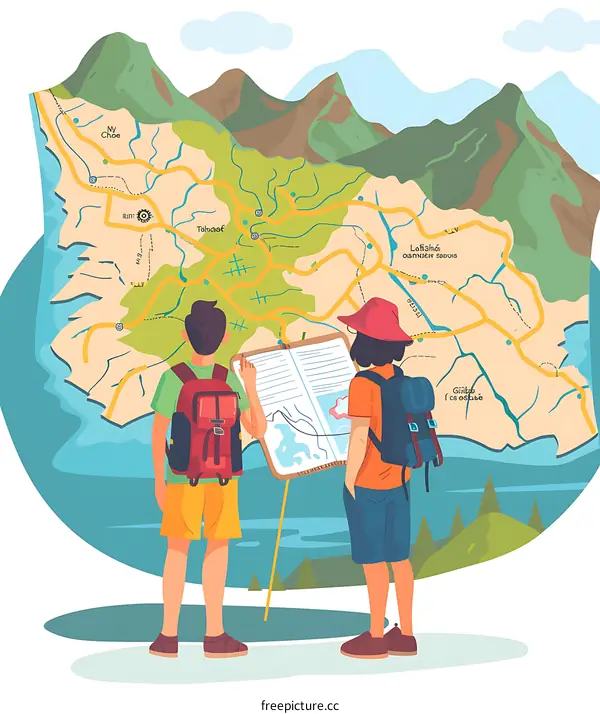 Two Hikers Looking at a Map of the Mountains
