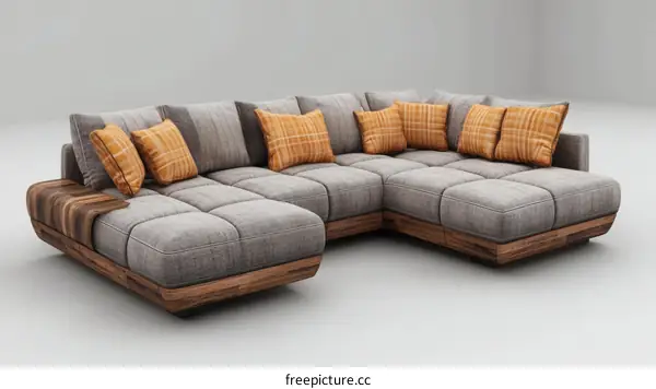 Modern Sectional Sofa with Wooden Legs and Orange Pillows
