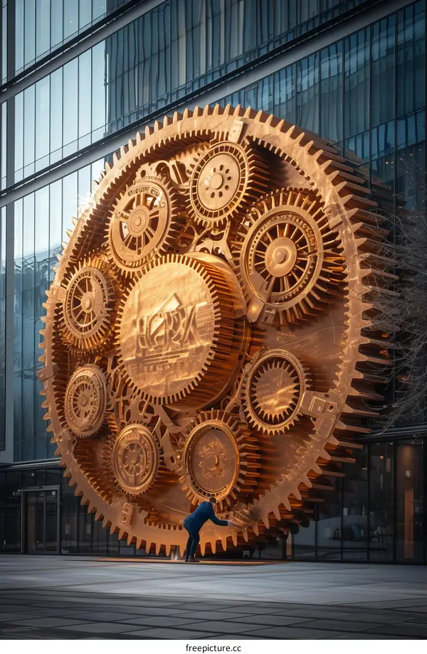 A man is fixing a gear sculpture that has the letters HNA on it in front of a modern glass building.