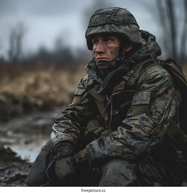 A soldier sits on the muddy ground wearing a camouflage uniform and helmet, his face is wet and he looks tired
