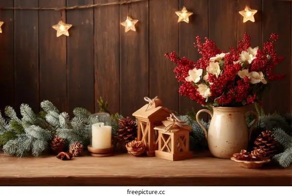 Christmas Decoration Arrangement on Wooden Table