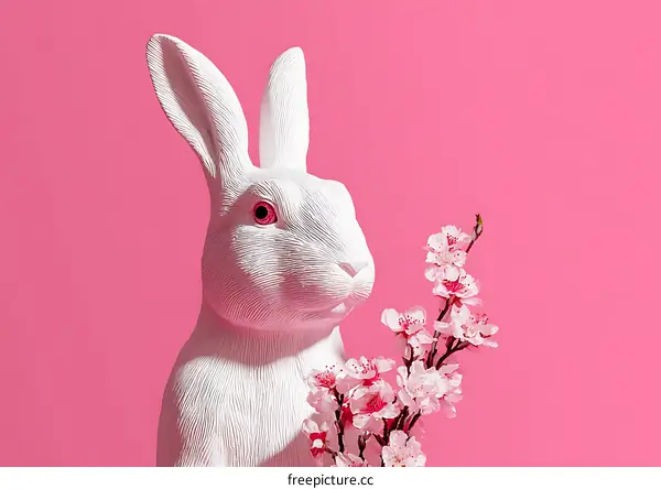 White Rabbit Statue with Cherry Blossom Decoration