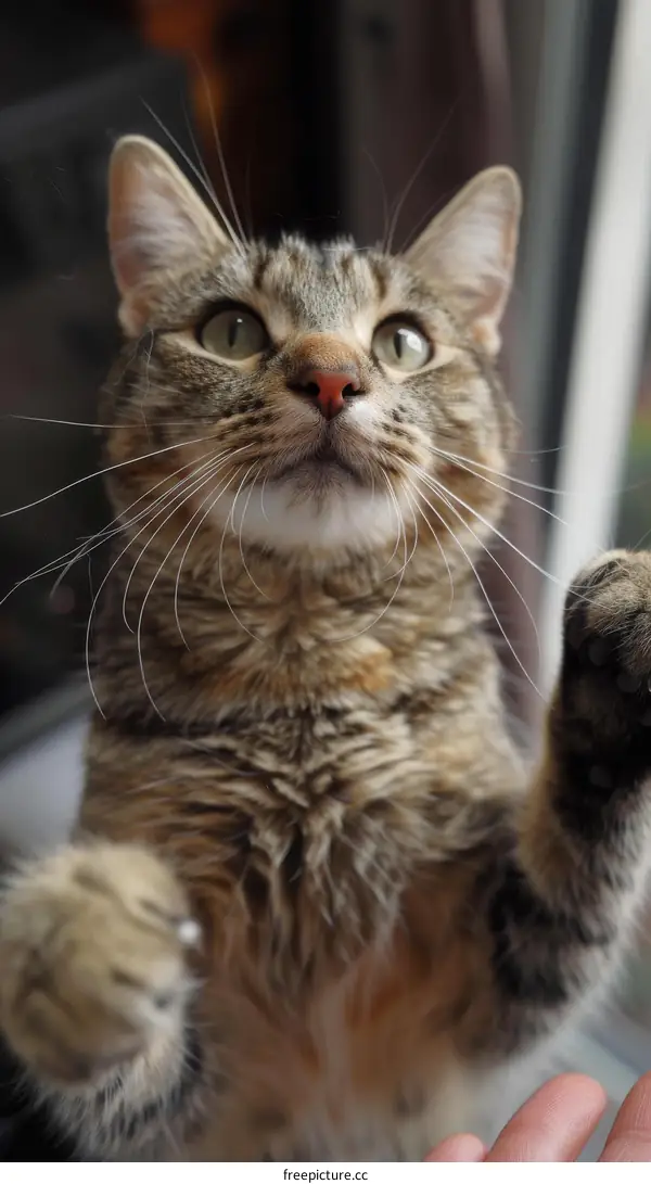 Cat looking up at person