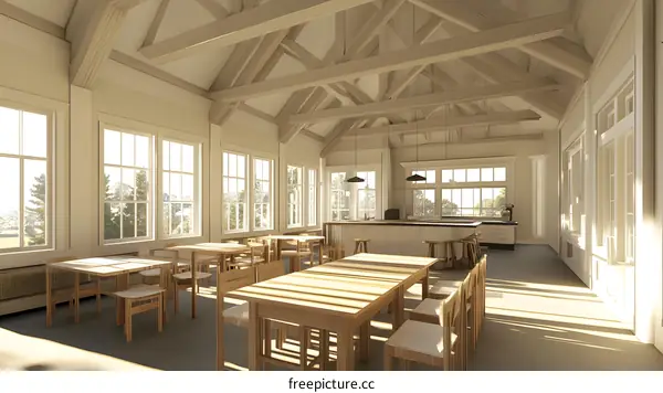 Modern Interior Design With Wooden Beams And Large Windows