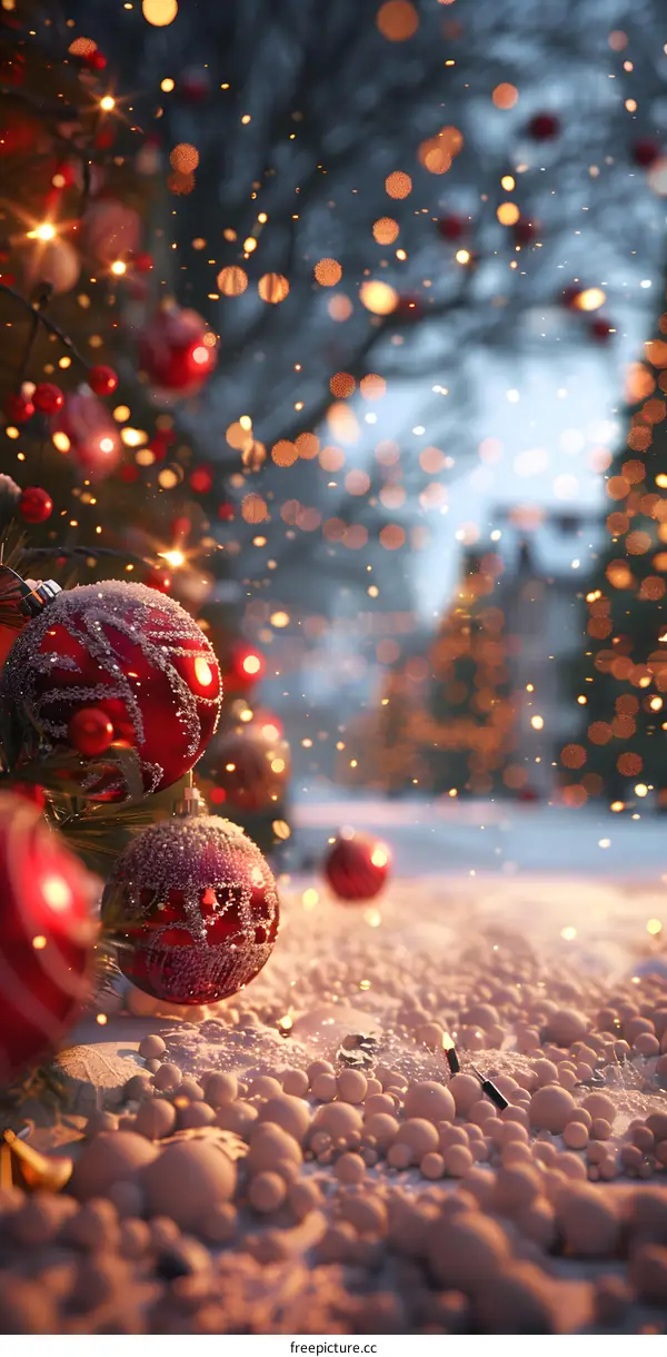 Christmas lights on a snowy street