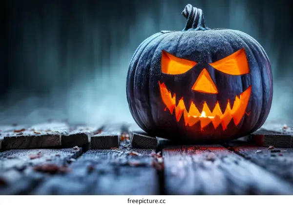 Spooky Halloween Pumpkin Jack O'Lantern With Scary Face In The Dark On Wooden Table With Fog