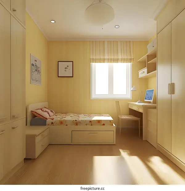 Modern Minimalist Bedroom Design with Wooden Furniture and Yellow Walls