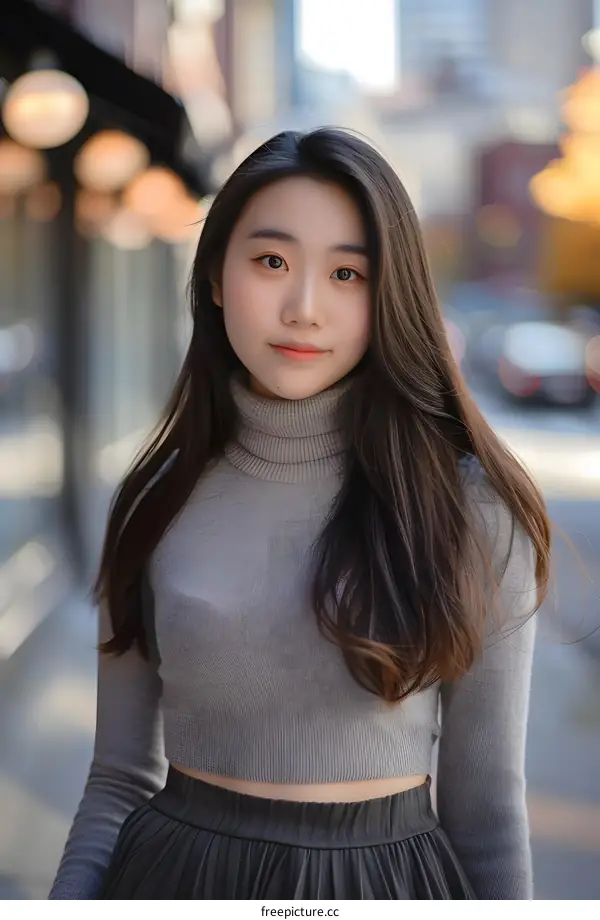Portrait of a Young Asian Woman in a Grey Sweater and a Black Skirt