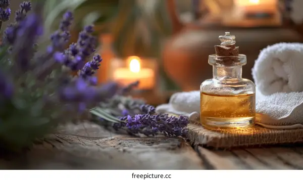 Aromatherapy with lavender essential oil and flowers