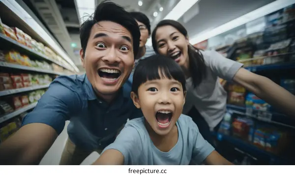 Happy family of four taking selfie in supermarket