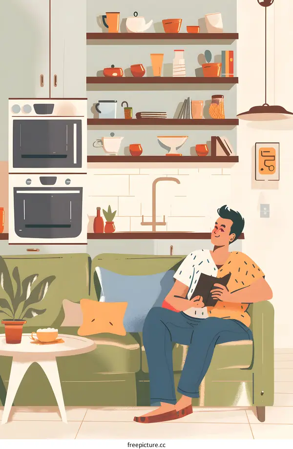 Man Sitting On Sofa In Living Room Illustration