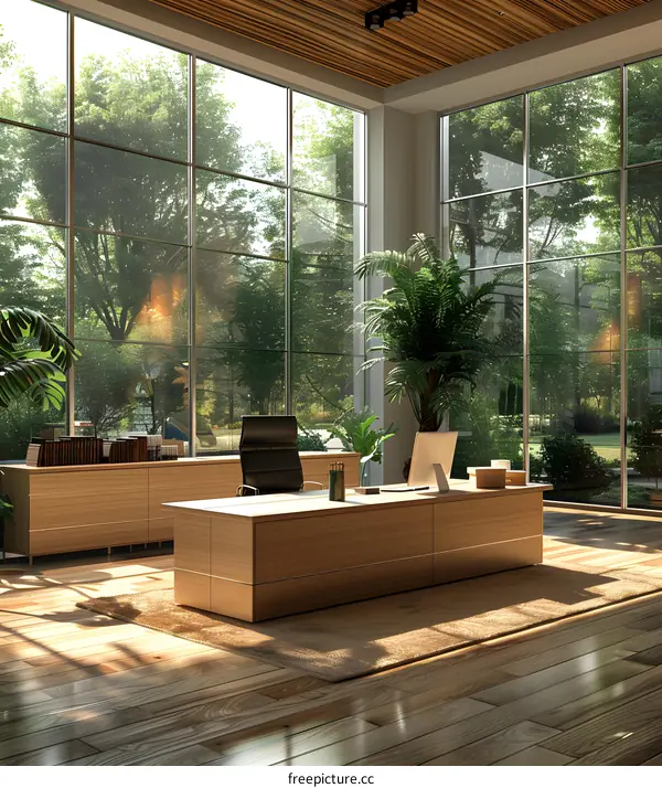 Modern office interior with large windows and a view of the park