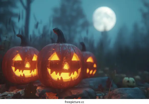Three carved pumpkins sit on a rock in a spooky forest at night with a full moon rising in the background