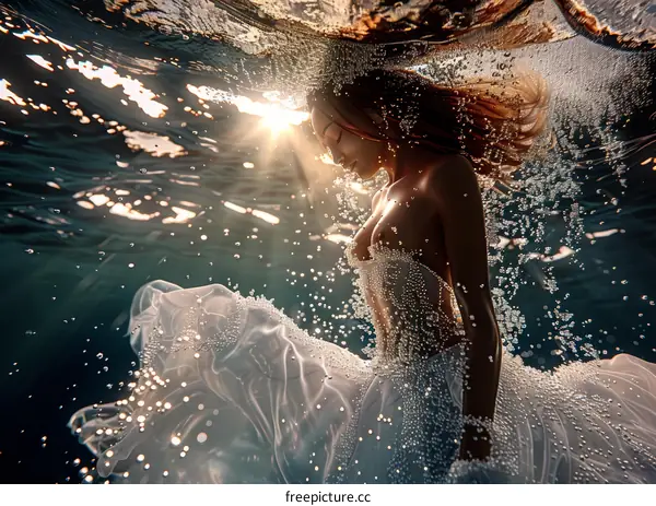An underwater photo of a woman in a white dress